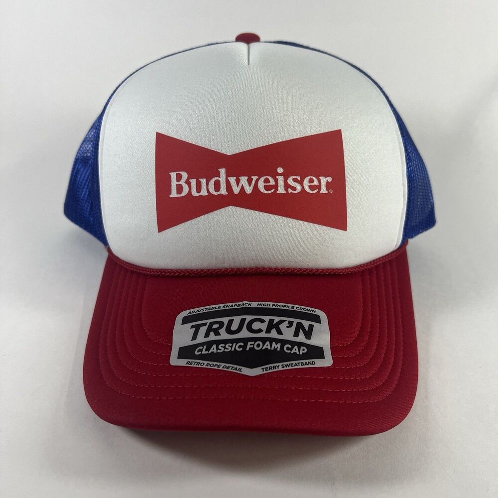 Budweiser Printed Foam Trucker Hat Red/White/Blue Colorway Mesh Back Rope Cap